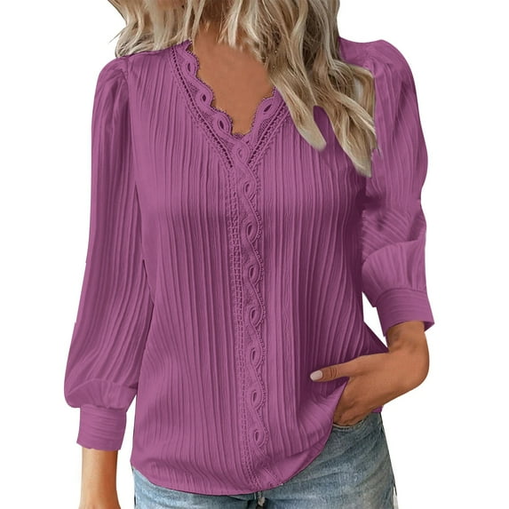 Tops for Women Trendy Lace Patchwork V Neck Loose Fit Casual Long Sleeve Blouse Tee Summer Tops