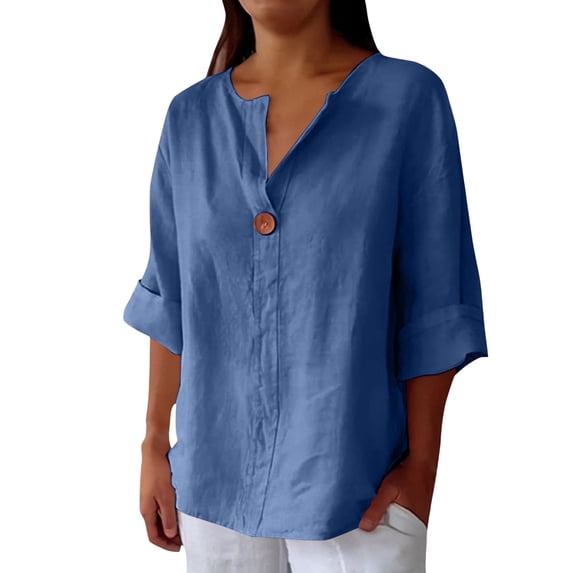 Tops for Women Trendy Linen V Neck Half Sleeve Button Up Loose Summer Tops