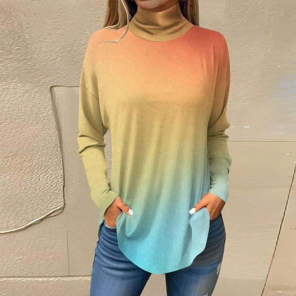Tops for Women Trendy Long Sleeve Fall Blouses Printed Turtleneck Top Loose Winter Shirts Cozy Lightweight T Shirts