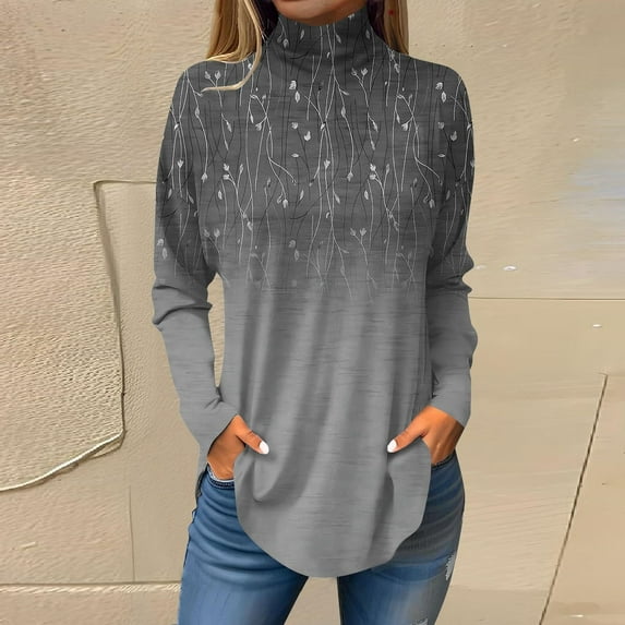 Tops for Women Trendy Long Sleeve Fall Blouses Printed Turtleneck Top Loose Winter Shirts Cozy Lightweight T Shirts