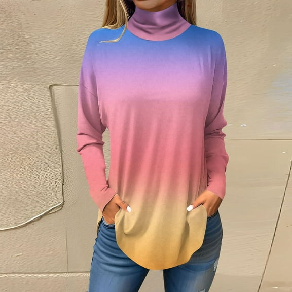 Tops for Women Trendy Long Sleeve Fall Blouses Printed Turtleneck Top Loose Winter Shirts Cozy Lightweight T Shirts