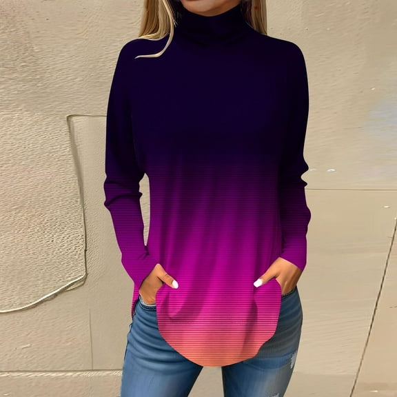 Tops for Women Trendy Long Sleeve Fall Blouses Printed Turtleneck Top Loose Winter Shirts Cozy Lightweight T Shirts
