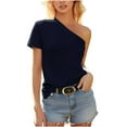 thumbnail image 1 of Tops for Women Trendy One Shoulder Loose Fit Shirts Summer Fashion Casual Solid Color Short Sleeve Blouses (M, Black), 1 of 8