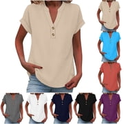 Tops for Women Trendy Shirts Clothes Everyday Wear Womens Fashionable Summer V-Neck Casual Short Sleeved Shirt In Solid Color Black Xl