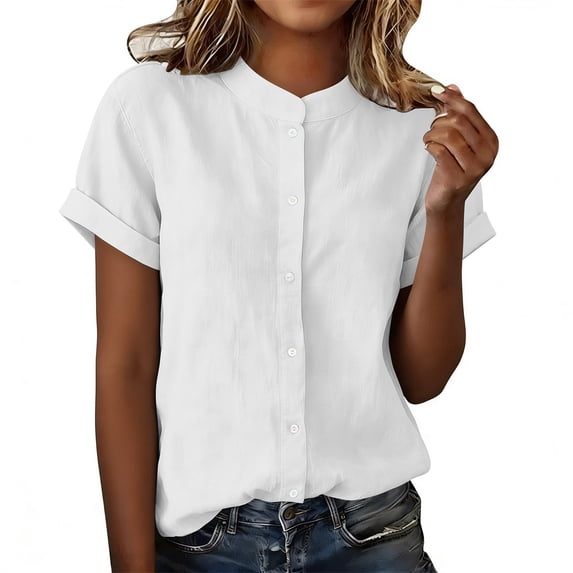 Tops for Women Trendy Short Sleeve Cotton Linen Button Down Loose Summer Blouses Business Casual Tops for Women bovemsi