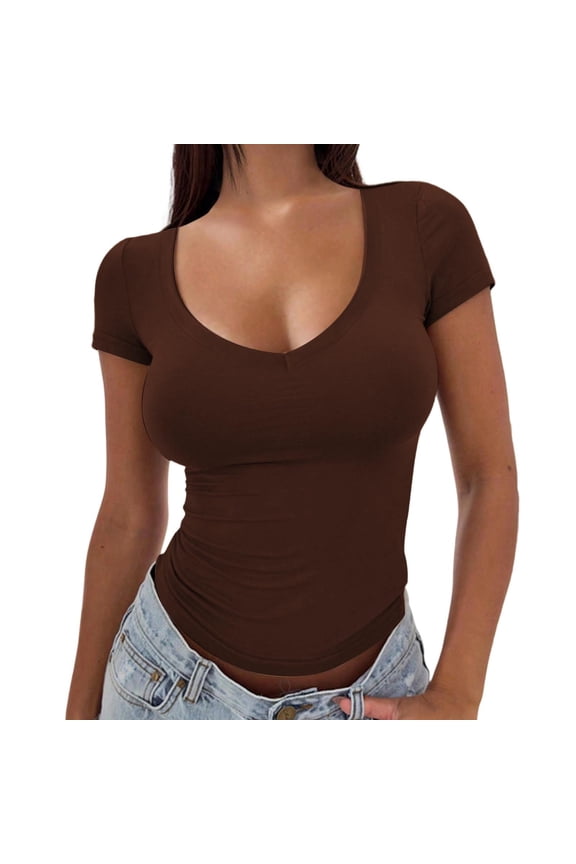 Tops for Women Trendy Short Sleeve T Shirt Crew Neck Slim Fit Underscrub,Coffee,S