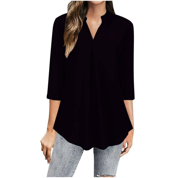 Tops for Women Trendy Solid Color 3/4 Length Sleeve V-Neck Pleat Flowy Shirts Loose Comfy Casual T-Shirts Tunics Black Medium
