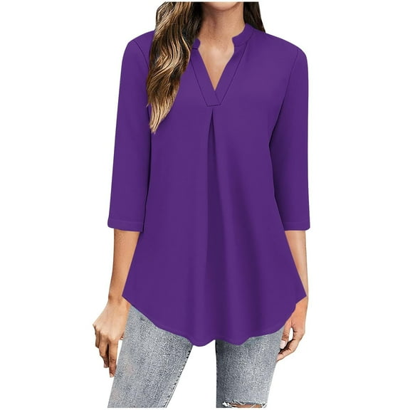 Tops for Women Trendy Solid Color 3/4 Length Sleeve V-Neck Pleat Flowy Shirts Loose Comfy Casual T-Shirts Tunics Purple Small