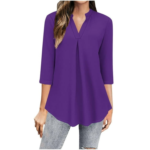 Tops for Women Trendy Solid Color 3/4 Length Sleeve V-Neck Pleat Flowy Shirts Loose Comfy Casual T-Shirts Tunics Purple X-Large