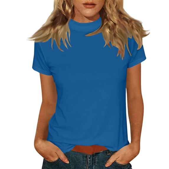 Tops for Women Trendy Solid Color Mock Neck Short Sleeve Casual Blouse Summer Tops