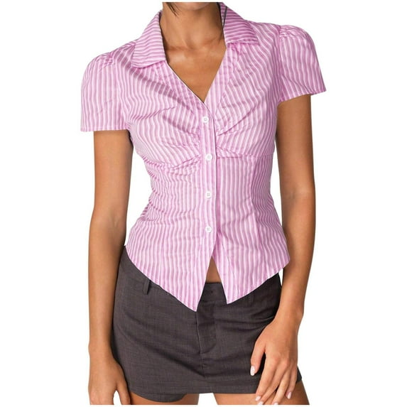 Tops for Women Trendy Striped Slim Fitted Button down Shirts Business Dressy Casual Short Sleeve Blouses (XL, Pink)