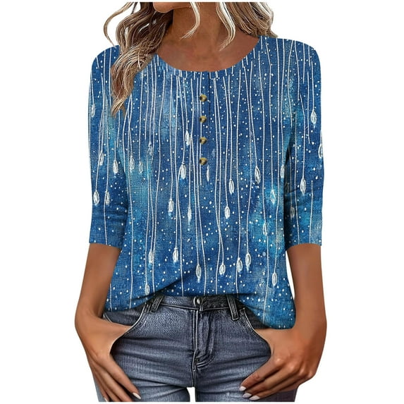 Tops for Women Trendy Summer 3/4 Sleeve Crew Neck Button Shirts Casual Printed Basic Tee Soft Comfy Clothes (M, Army Green)