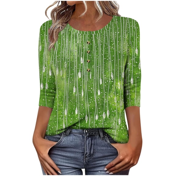 Tops for Women Trendy Summer 3/4 Sleeve Crew Neck Button Shirts Casual Printed Basic Tee Soft Comfy Clothes (M, Green)