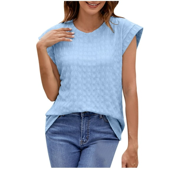 Tops for Women Trendy Summer Casual Cap Short Sleeve Basic Textured Solid Color Round Neck Plain T Shirts Sky Blue,M