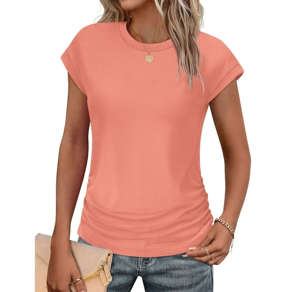 Tops for Women Trendy Summer Casual Cap Short Sleeve Basic Textured Solid Color Round Neck T Shirts Blouse Pink XL