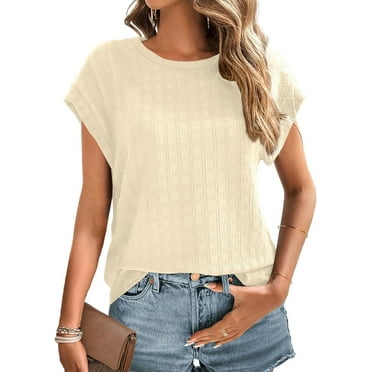 Tops for Women Trendy Summer Casual Cap Short Sleeve Basic Textured Solid Color Round Neck T Shirts Blouse