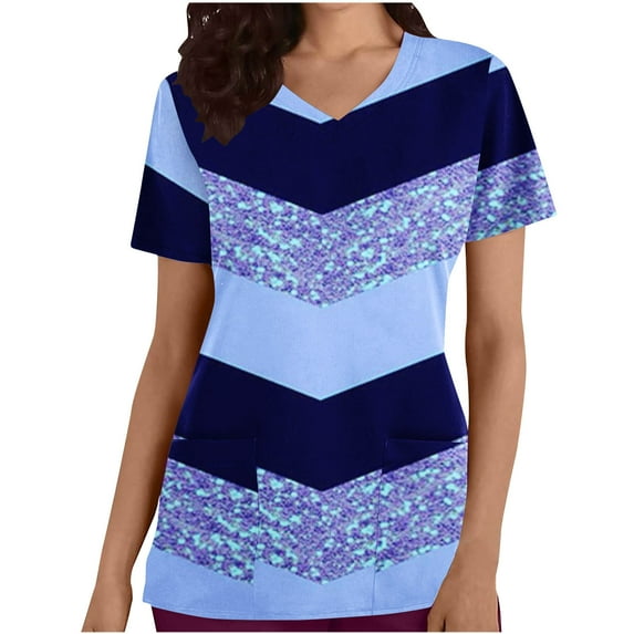 Tops for Women Trendy Summer Cotton Casual V-Neck Print Short Sleeve Shirts Textured Solid Color Loose T Shirts (Blue S)