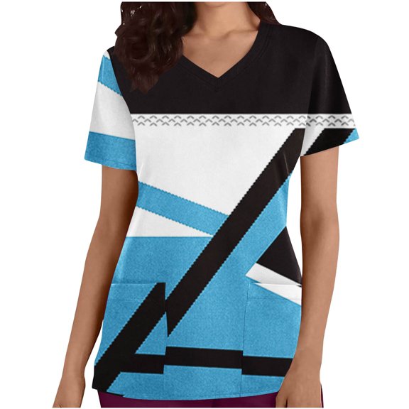 Tops for Women Trendy Summer Cotton Casual V-Neck Print Short Sleeve Shirts Textured Solid Color Loose T Shirts (Sky Blue XXL)
