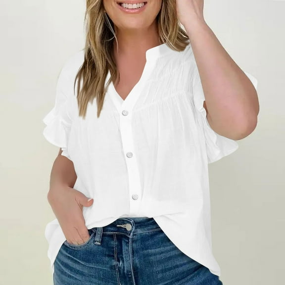 Tops for Women Trendy Summer Fashion Standing Collar Wooden Ear Edge Sleeves Pleated Top