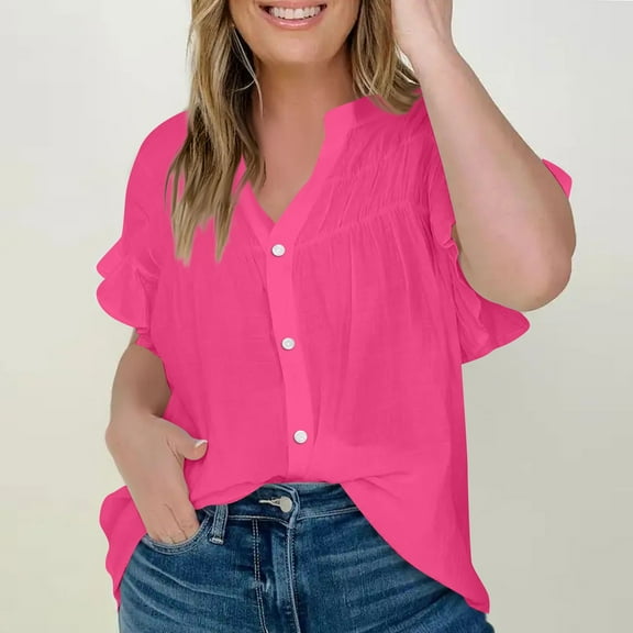 Tops for Women Trendy Summer Fashion Standing Collar Wooden Ear Edge Sleeves Pleated Top