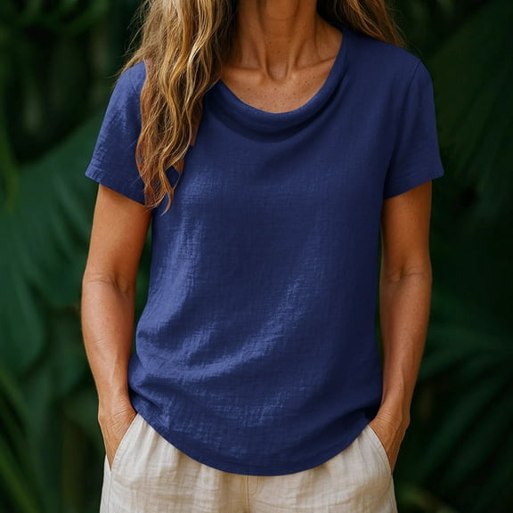 Tops for Women Trendy Summer Ndbuld Women's Casual Pullover Cotton Linen Solid Color Short Sleeved Round Neck Great Gifts for Less,Blue,XL