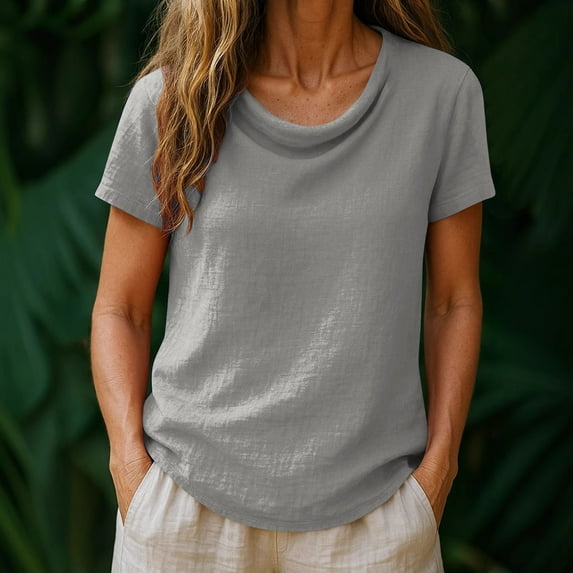 Tops for Women Trendy Summer Ndbuld Women's Casual Pullover Cotton Linen Solid Color Short Sleeved Round Neck Great Gifts for Less,Gray,M