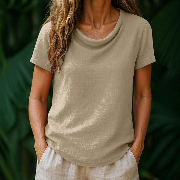 Tops for Women Trendy Summer Ndbuld Women's Casual Pullover Cotton Linen Solid Color Short Sleeved Round Neck Great Gifts for Less,Khaki,XL