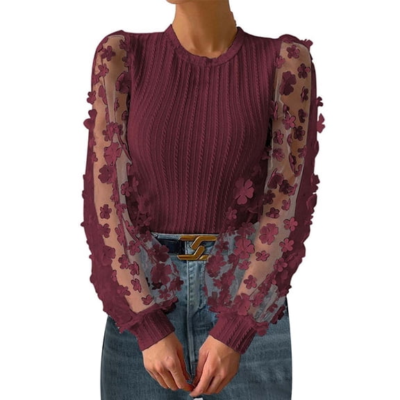 Tops for Women Trendy Textured Flower Mesh Long Sleeve Spring Fall Casual Trendy Tops