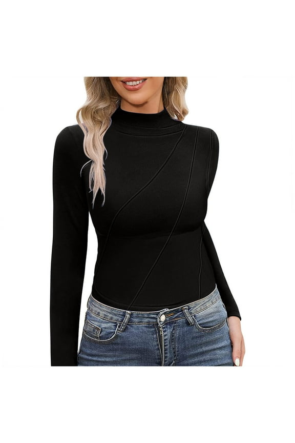 Tops for Women Trendy Thick High Neck Double Sided Long Sleeved Tshirt Blouse,Black,M