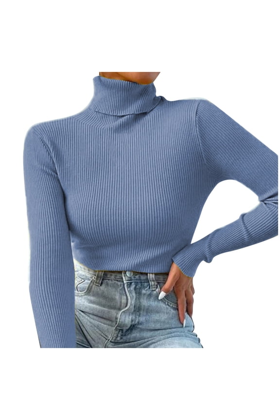 Tops for Women Trendy Turtleneck Bottom Sweater Pullover Knit T Shirt Blouse,Blue,L