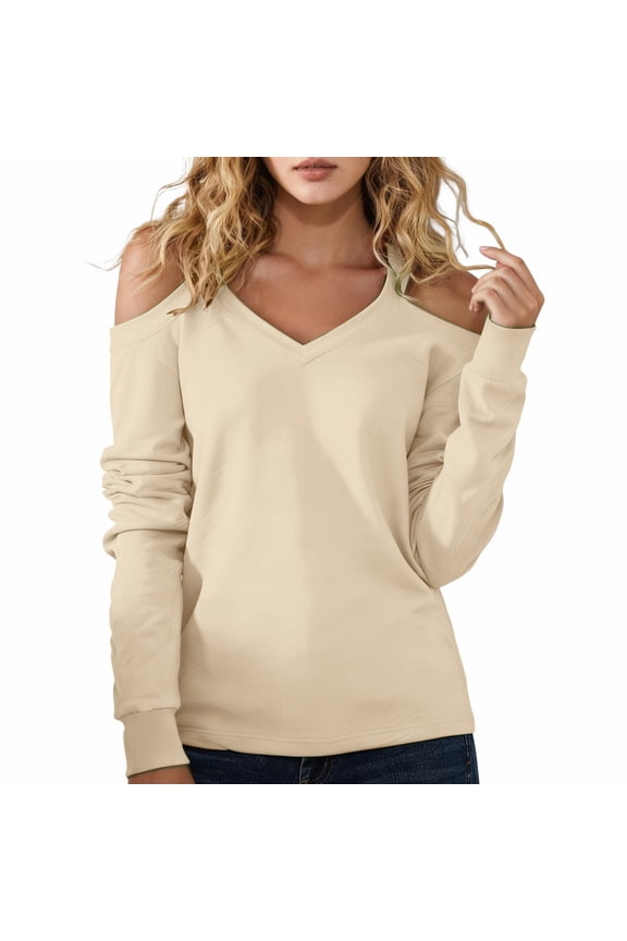 Tops for Women Trendy V Neck Cold Shoulder Long Sleeve Loose Sexy Basic Plus Size Tops