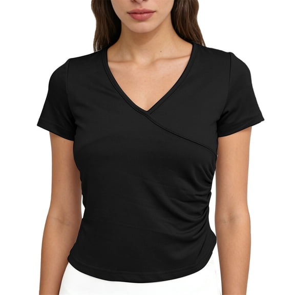 Tops for Women Trendy V Neck Ruched Slim Short Sleeve Elegant Plus Size Tops