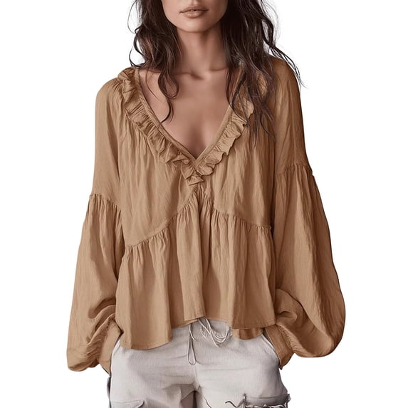 Tops for Women Trendy V Neck Ruffled Retro Soft Relaxed Casual Blouse Tops Summer Tops