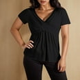 thumbnail image 1 of Tops for Women Trendy V Neck Short Sleeve Summer Tunic Tops Ruched Comfy Fitting Drop Shoulder Blouse, 1 of 8