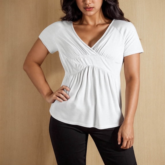 Tops for Women Trendy V Neck Short Sleeve Summer Tunic Tops Ruched Comfy Fitting Drop Shoulder Blouse