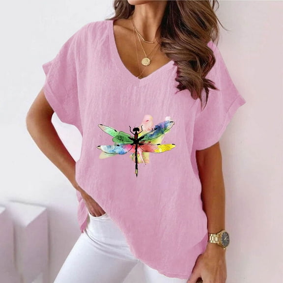 Tops for Women Trendy Viikei Womens Dressy Tops Casual Shirts,Women V-neck Print T-Shirts Fashion Comfortable Female Blouses Pink XXXL