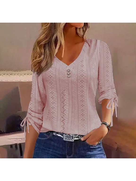 Tops for Women Trendy Viikei Womens Fall Long Sleeve Tunic Tops,Womens Buttons Long Sleeve V-Neck Casual Blouse Button Tops Pink M