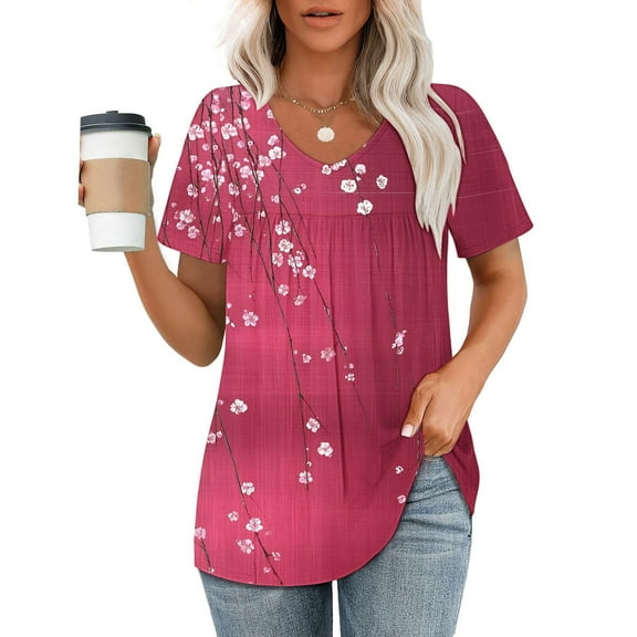 Tops for Women Trendy Viikei Womens Tops Dressy Blouse,Women's Printed V-neck Short-sleeved T-shirt Loose Top Short Sleeve Top Pink M