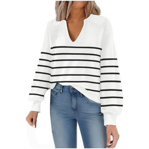 Tops for Women Trendy Women's Fashion Casual Deep V-Neck Loose Long Sleeve Striped Knit Top