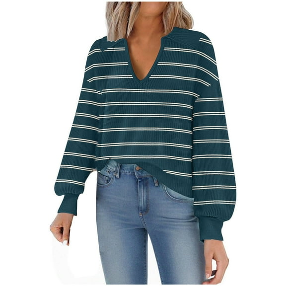Tops for Women Trendy Women's Fashion Casual Deep V-Neck Loose Long Sleeve Striped Knit Top