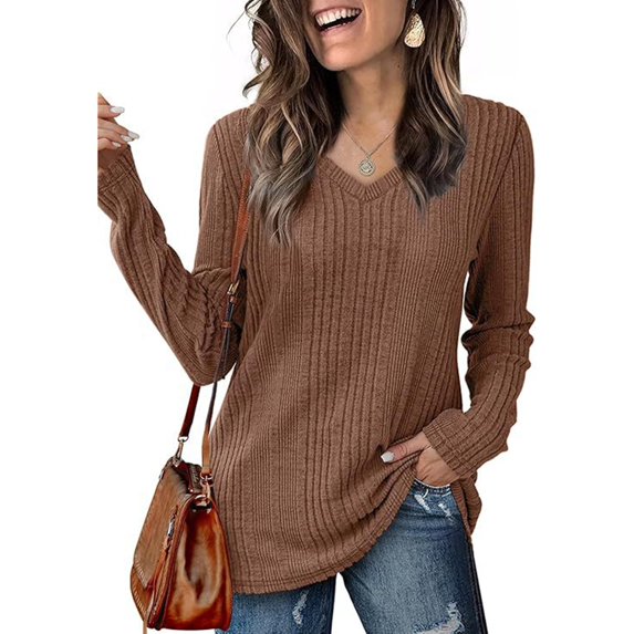 Tops for Women Trendy Women's Fashion Casual V-Neck Long Sleeve Solid Color T-Shirt Comfortable Top