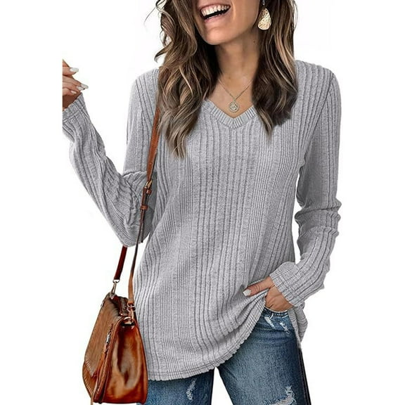 Tops for Women Trendy Women's Fashion Casual V-Neck Long Sleeve Solid Color T-Shirt Comfortable Top