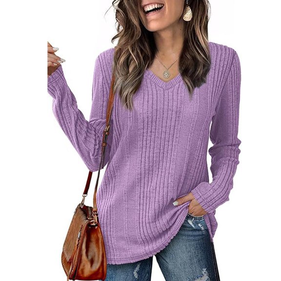 Tops for Women Trendy Women's Fashion Casual V-Neck Long Sleeve Solid Color T-Shirt Comfortable Top