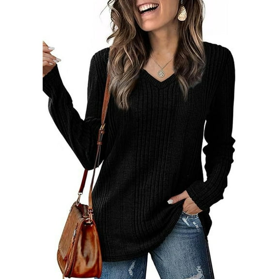 Tops for Women Trendy Women's Fashion Casual V-Neck Long Sleeve Solid Color T-Shirt Comfortable Top