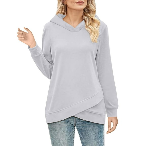 Tops for Women Trendy Women's Fashion Solid Color Hoodie Long Sleeved Cross Hem Sweatshirt Top