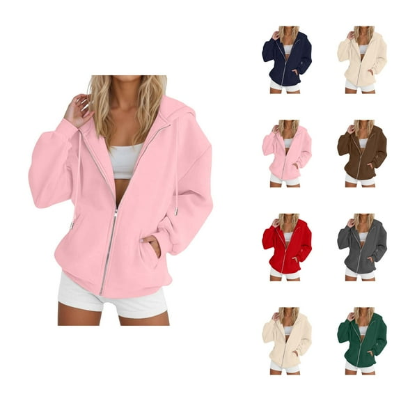 Tops for Women Trendy Women's Solid Color Sweatshirt Women Fashion Solid Loose Hooded Zipper Hoodie Long Sleeve Jacket