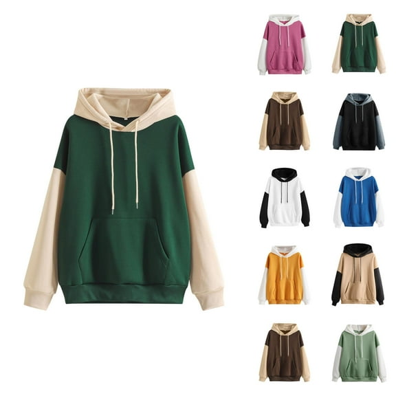 Tops for Women Trendy Women's Solid Color Sweatshirt Womens Casual Strap Blouse Long Sleeve Splice Hooded Sweatshirt Tops