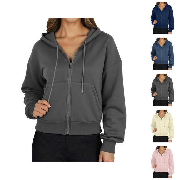 Tops for Women Trendy Women's Solid Sweatshirt A Short Long Sleeved Hooded Sweatshirt With High Pockets And Full Zippers For Women