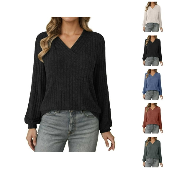 Ladies Tops Women's Solid Color Sweatshirt Women's European And Autumn Casual Pullover V Neck Striped Loose Long Sleeved T Shirt Top Sweater