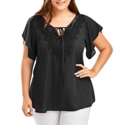 Tops for Women Trendy Womens Casual Plus Size Lace Top V Neck Tie Short Sleeve T-Shirt Solid Tees Summer Loose Blouse Black XXL